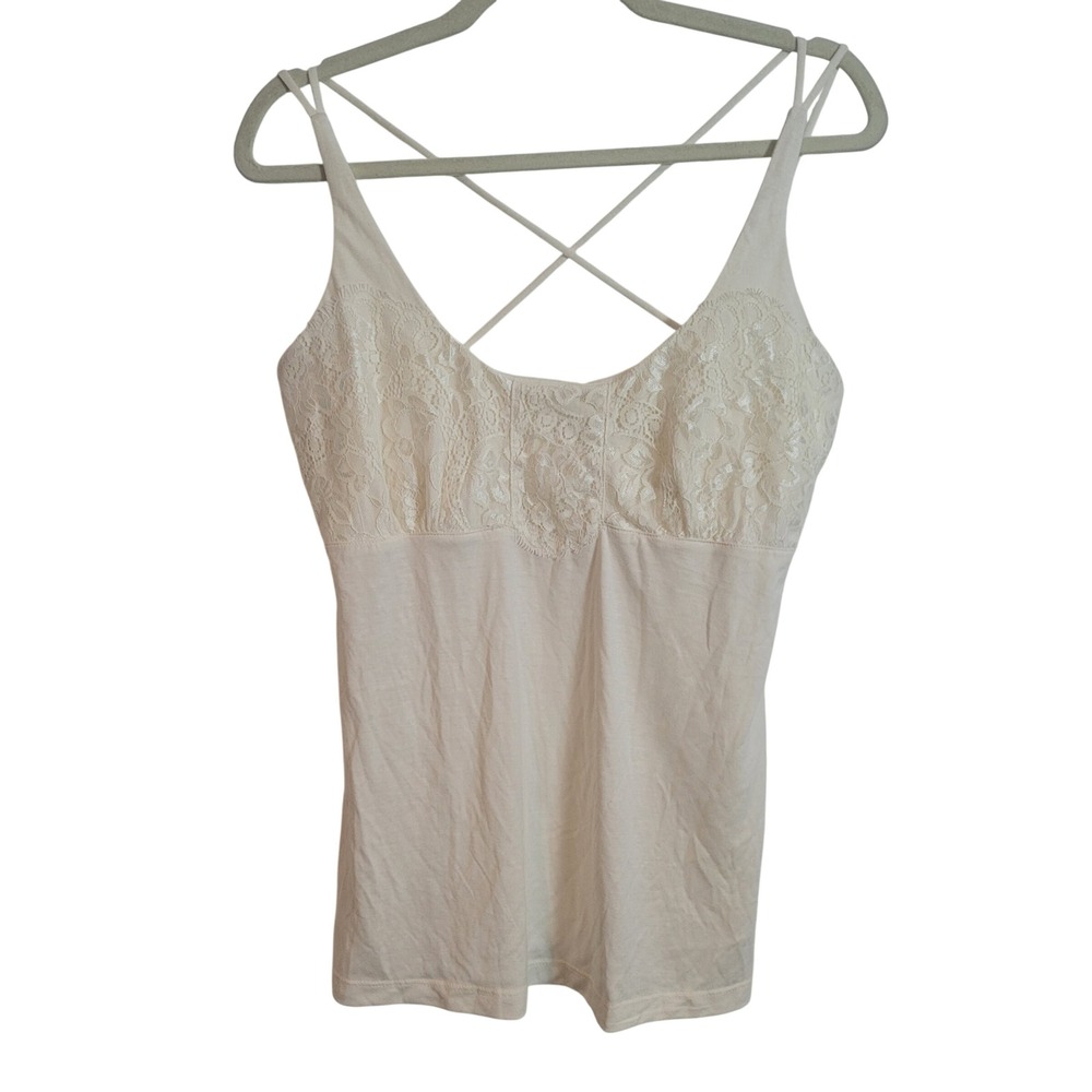 Moda International Cream Lace Cami Strappy Criss Cross Back Shelf Bra Top L Y2K